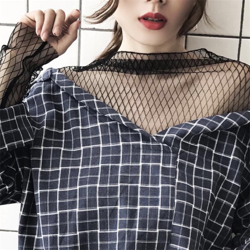 SOLD: Blue Plaid Top with Mesh